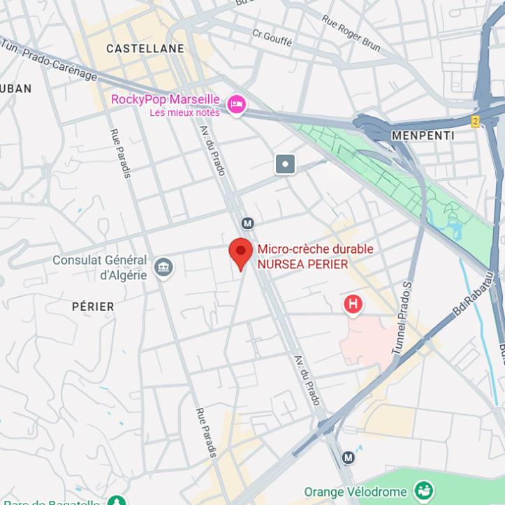 Plan d'accès à la crèche Nursea Perrier dans le 8e arrondissement de Marseille